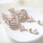 Long rose gold Crystal and pearl chandelier wedding earrings - EMMA - Treasures by Agnes