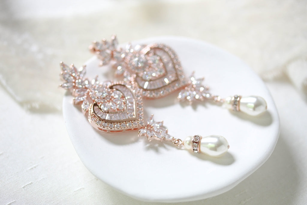 Long rose gold Crystal and pearl chandelier wedding earrings - EMMA - Treasures by Agnes