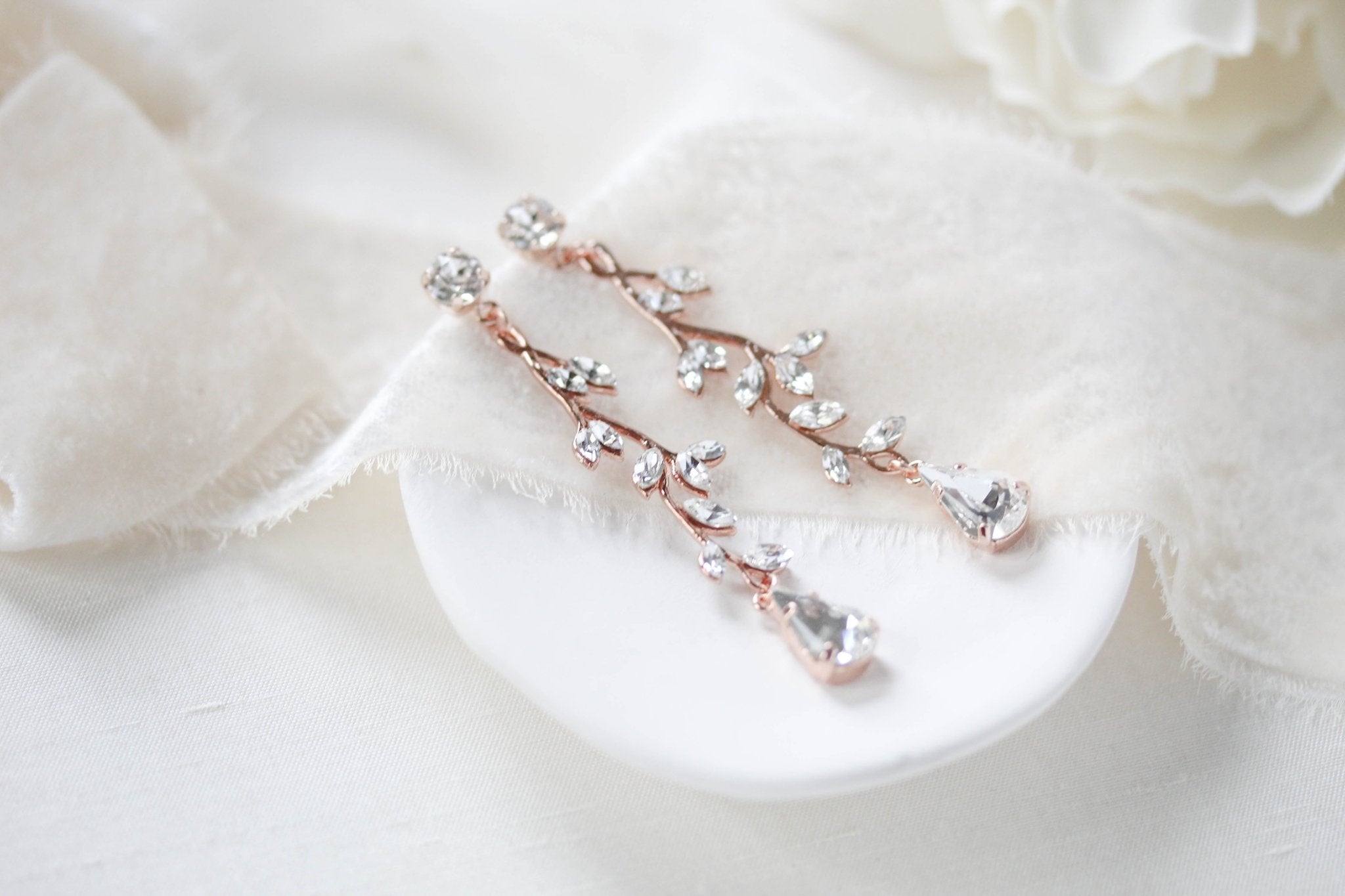 Long Rose gold Swarovski crystal Bridal earrings - JOY - Treasures by Agnes