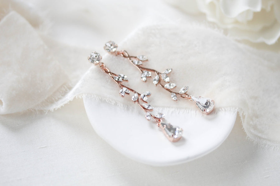 Long Rose gold Swarovski crystal Bridal earrings - JOY - Treasures by Agnes