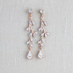 Long Rose gold Swarovski crystal Bridal earrings - JOY - Treasures by Agnes