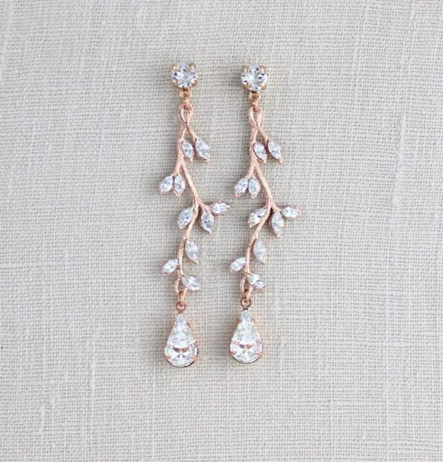 Long Rose gold Swarovski crystal Bridal earrings - JOY - Treasures by Agnes