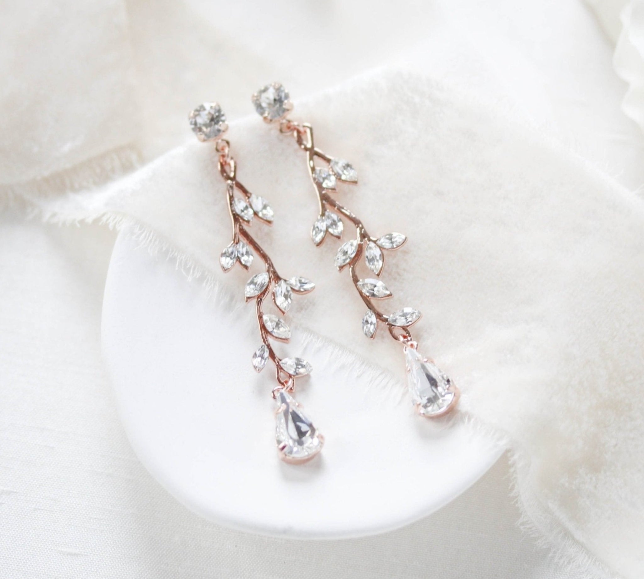 Long Rose gold Swarovski crystal Bridal earrings - JOY - Treasures by Agnes