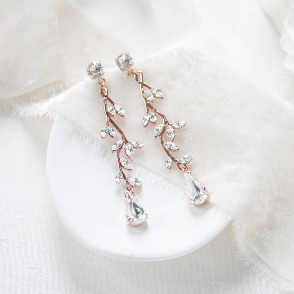 Long Rose gold Swarovski crystal Bridal earrings - JOY - Treasures by Agnes
