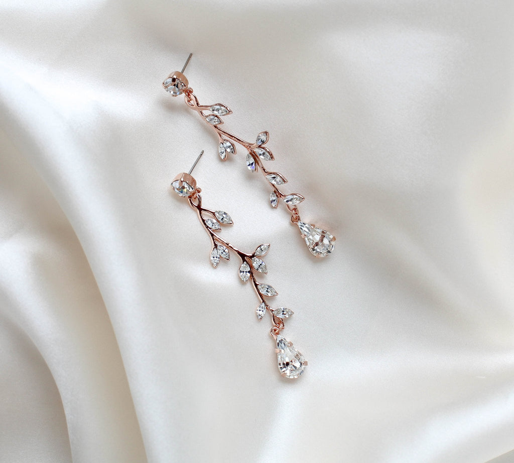 Long Rose gold crystal Bridal earrings - JOY - Treasures by Agnes