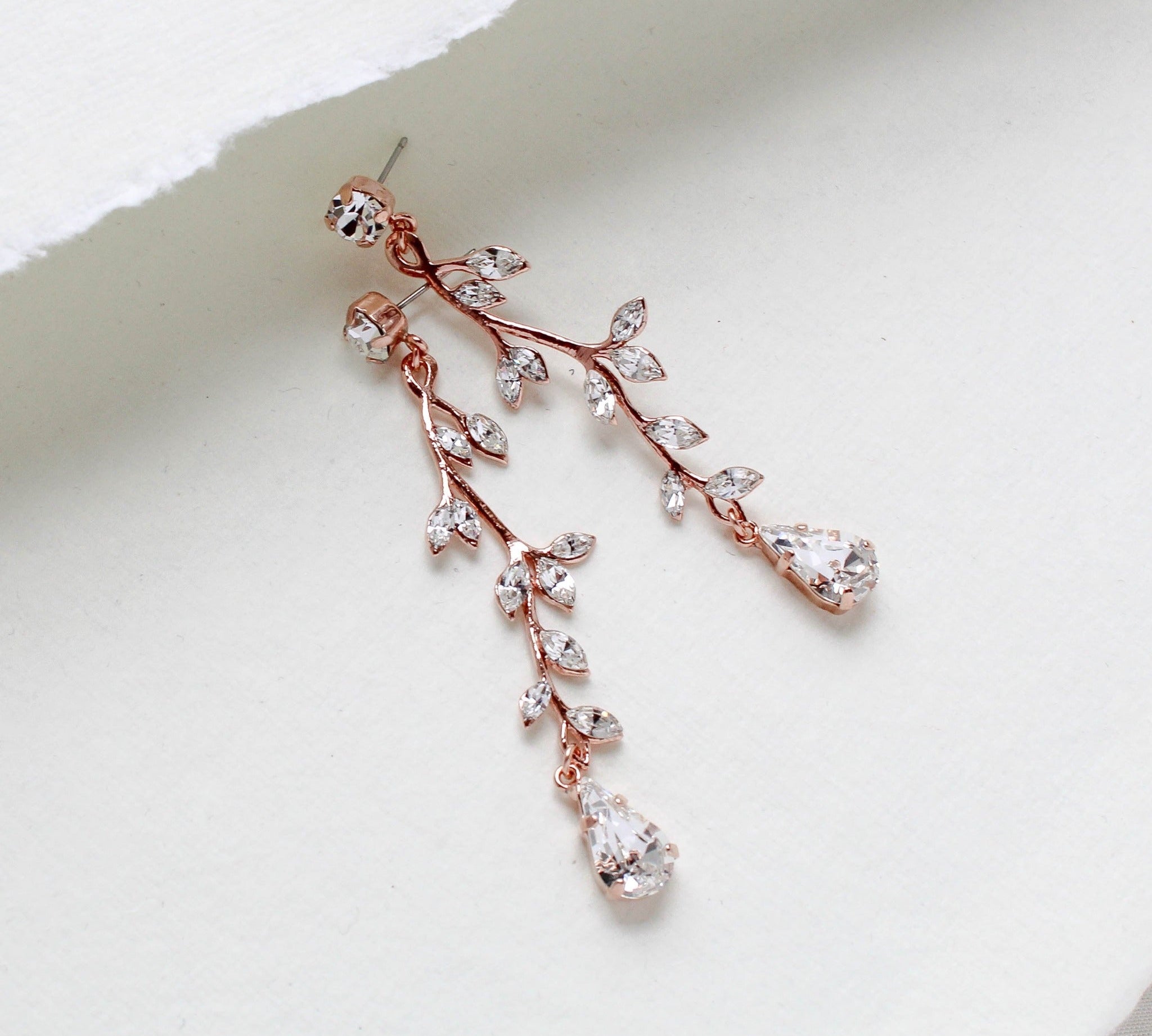 Long Rose gold crystal Bridal earrings - JOY - Treasures by Agnes