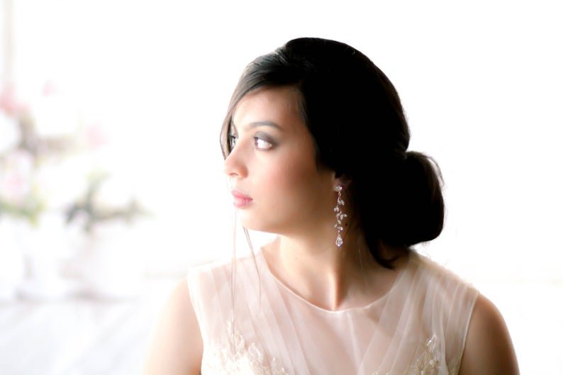 Long Rose gold Swarovski crystal Bridal earrings - JOY - Treasures by Agnes
