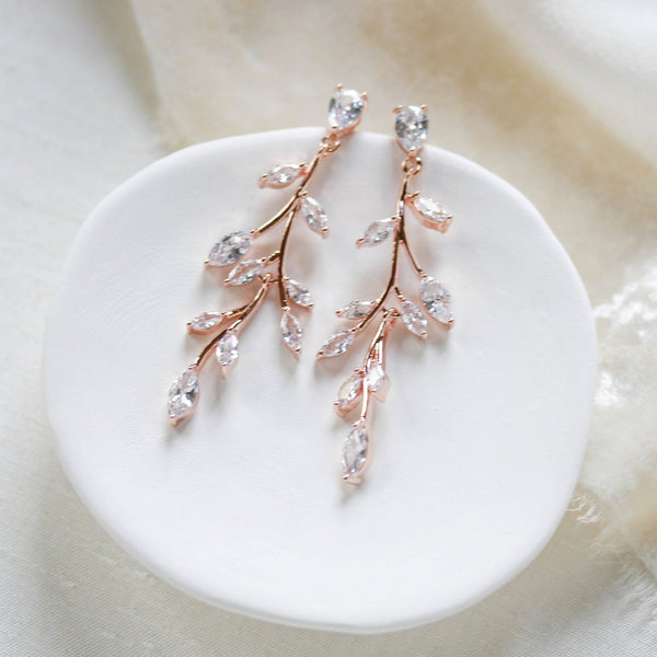 Long Rose gold Cubic Zirconia Bridal earrings - APRILLE - Treasures by Agnes
