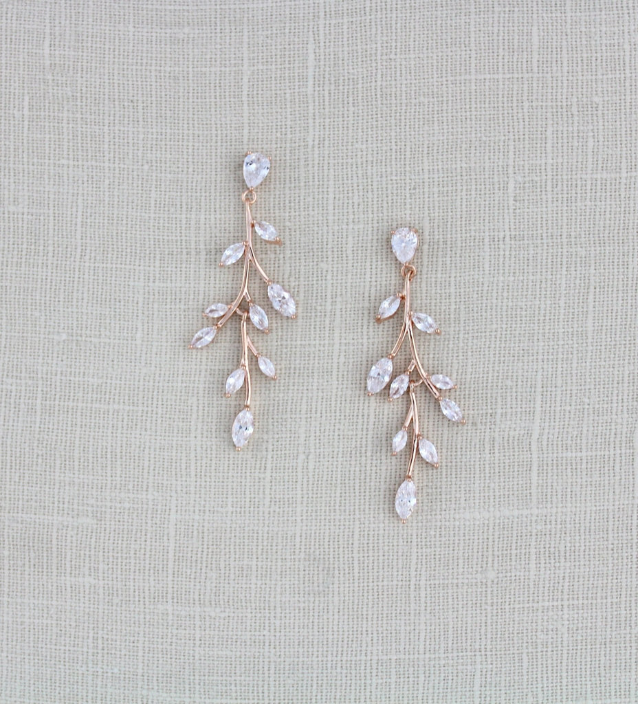 Long Rose gold Cubic Zirconia Bridal earrings - APRILLE - Treasures by Agnes