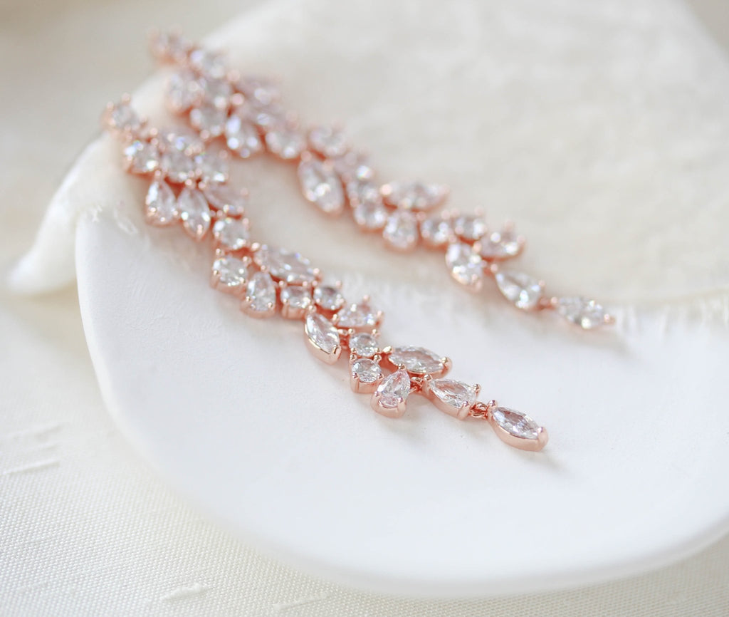 Long rose gold cubic zirconia Bridal earrings - JAMIE - Treasures by Agnes