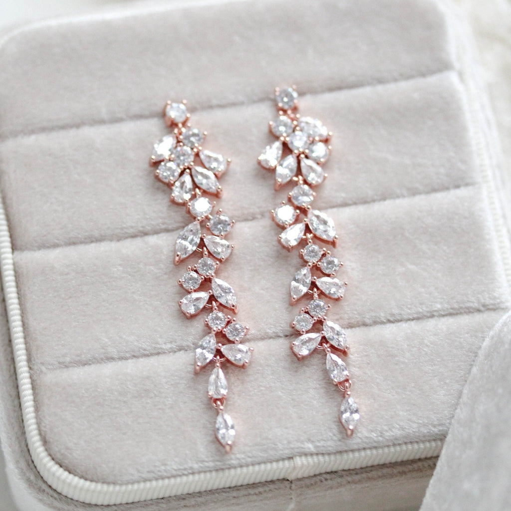 Long rose gold cubic zirconia Bridal earrings - JAMIE