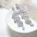 Long Rose gold Cubic zirconia Leaf Bridal earrings - MICHELLE - Treasures by Agnes