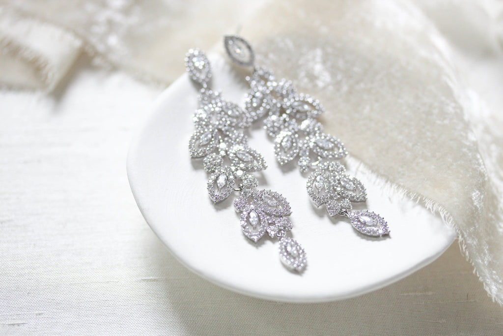 Long Rose gold Cubic zirconia Leaf Bridal earrings - MICHELLE - Treasures by Agnes