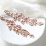 Long Rose gold Cubic zirconia Leaf Bridal earrings - MICHELLE - Treasures by Agnes
