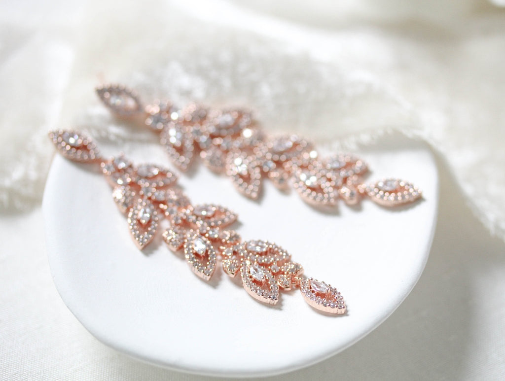 Long Rose gold Cubic zirconia Leaf Bridal earrings - MICHELLE - Treasures by Agnes