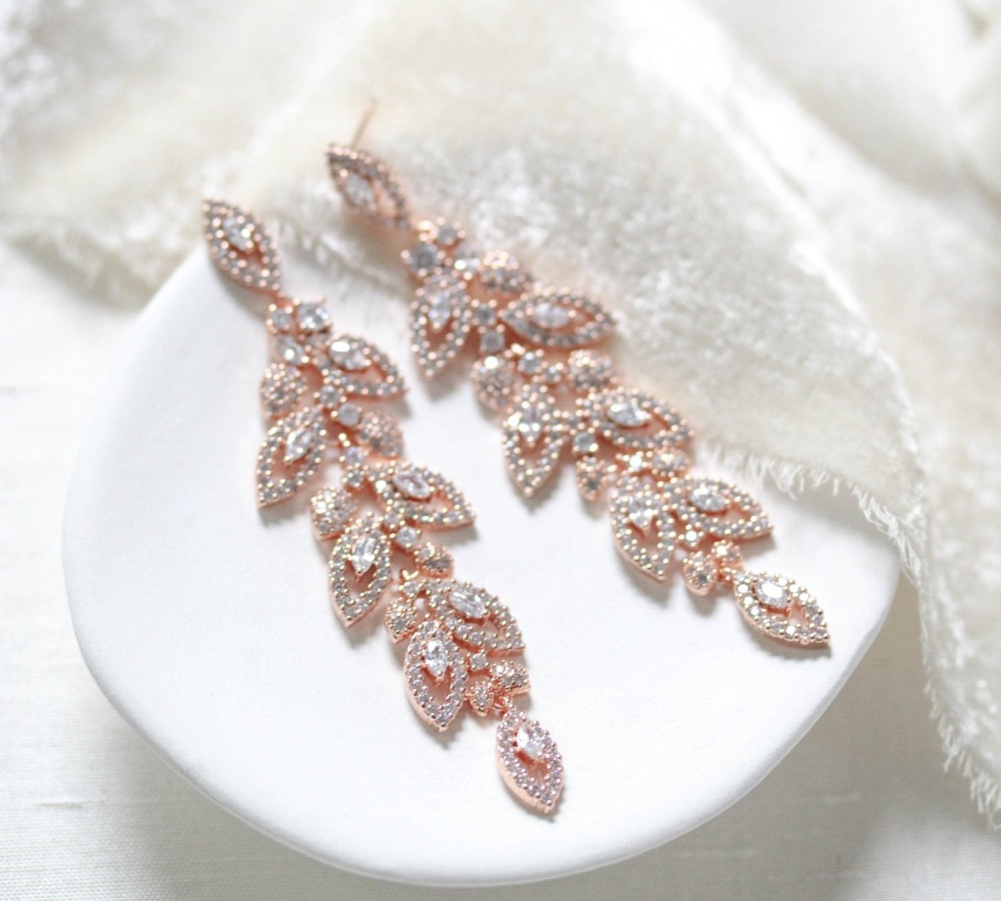 Long Rose gold Cubic zirconia Leaf Bridal earrings - MICHELLE - Treasures by Agnes