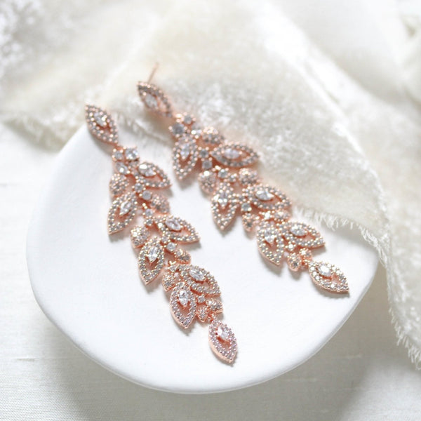 Long Rose gold Cubic zirconia Leaf Bridal earrings - MICHELLE - Treasures by Agnes