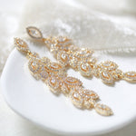 Long Rose gold Cubic zirconia Leaf Bridal earrings - MICHELLE - Treasures by Agnes