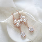 Long Rose gold CZ Bridal earrings with pearls - MIA