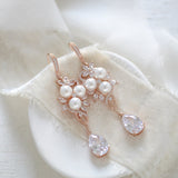 Long Rose gold CZ Bridal earrings with pearls - MIA