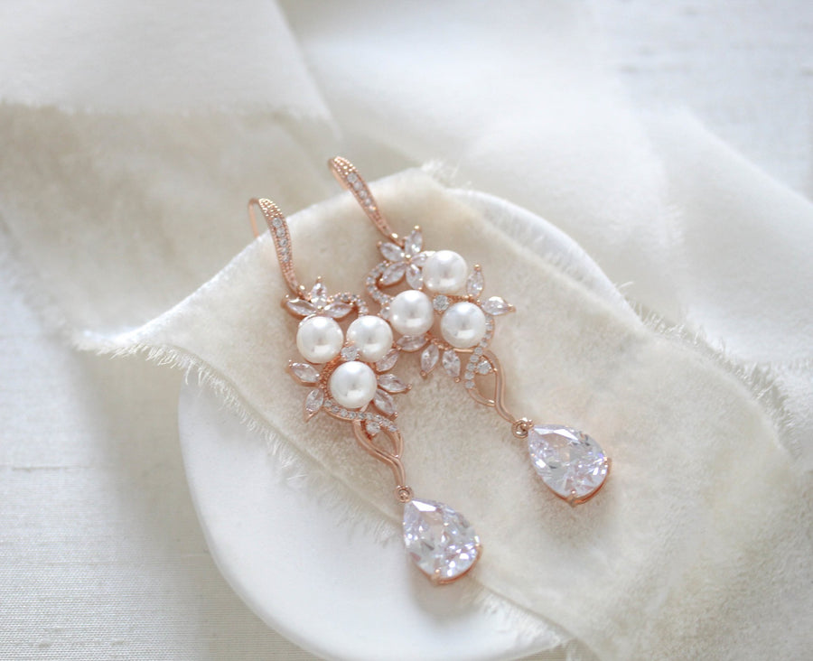 Long Rose gold CZ Bridal earrings with pearls - MIA