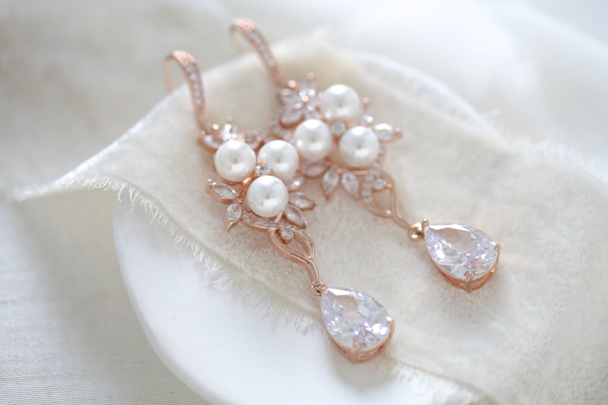 Long Rose gold CZ Bridal earrings with pearls - MIA