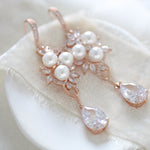 Long Rose gold CZ Bridal earrings with pearls - MIA