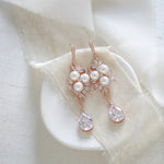 Long Rose gold CZ Bridal earrings with pearls - MIA