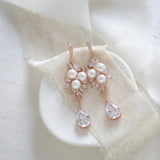 Long Rose gold CZ Bridal earrings with pearls - MIA