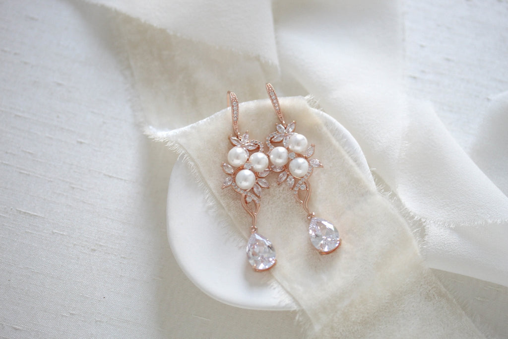 Long Rose gold CZ Bridal earrings with pearls - MIA