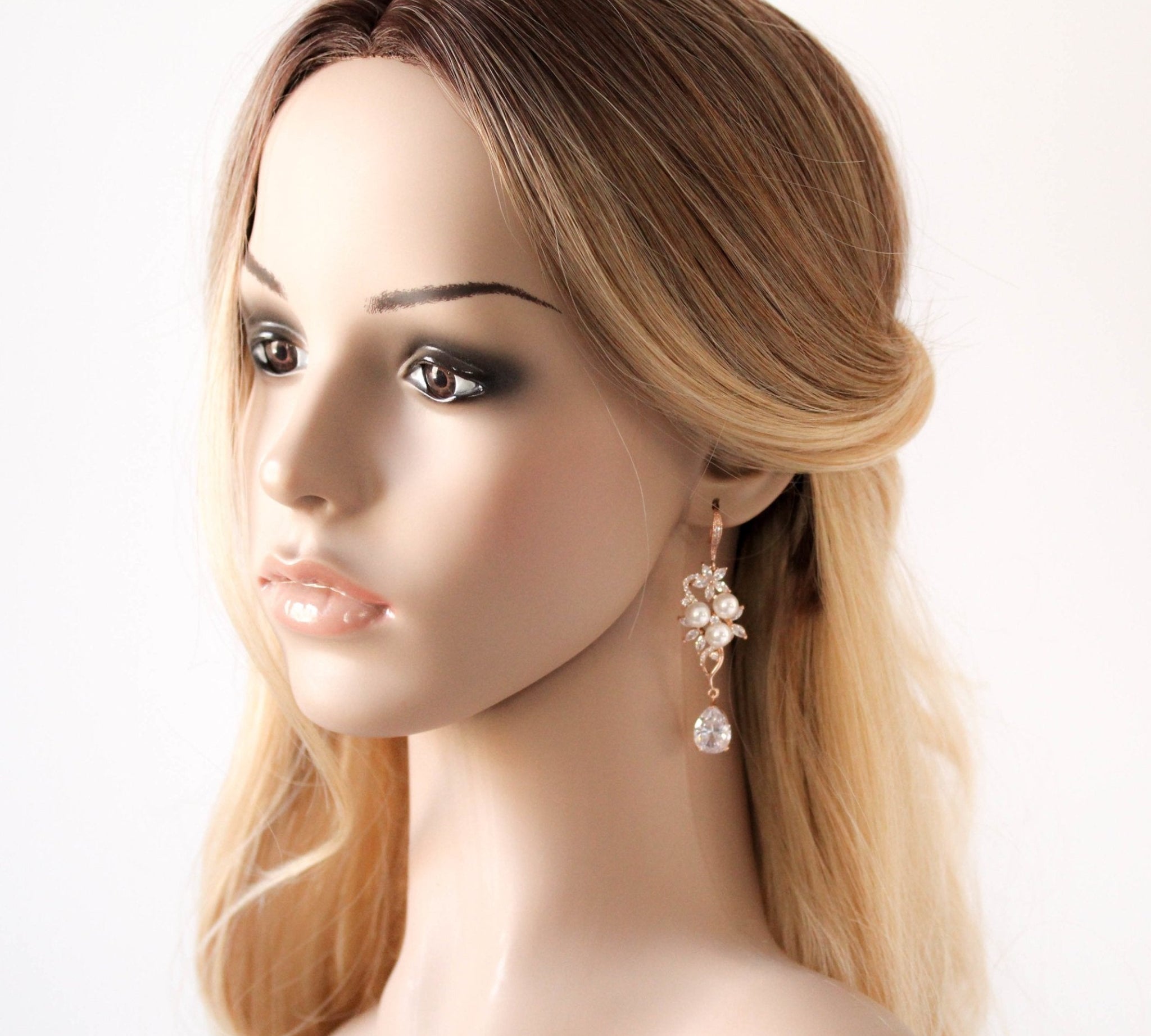 Long Rose gold CZ Bridal earrings with pearls - MIA