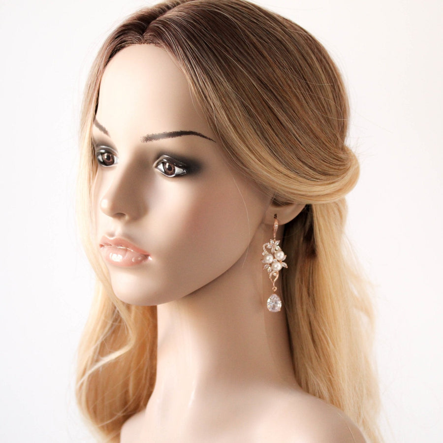 Long Rose gold CZ Bridal earrings with pearls - MIA