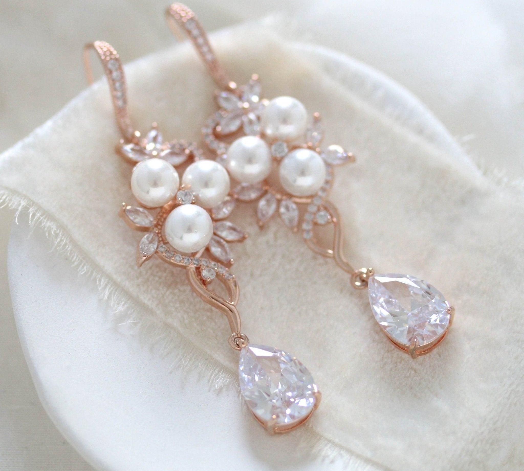 Long Rose gold CZ Bridal earrings with pearls - MIA