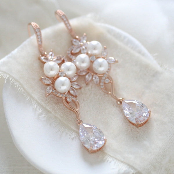 Long Rose gold CZ Bridal earrings with pearls - MIA