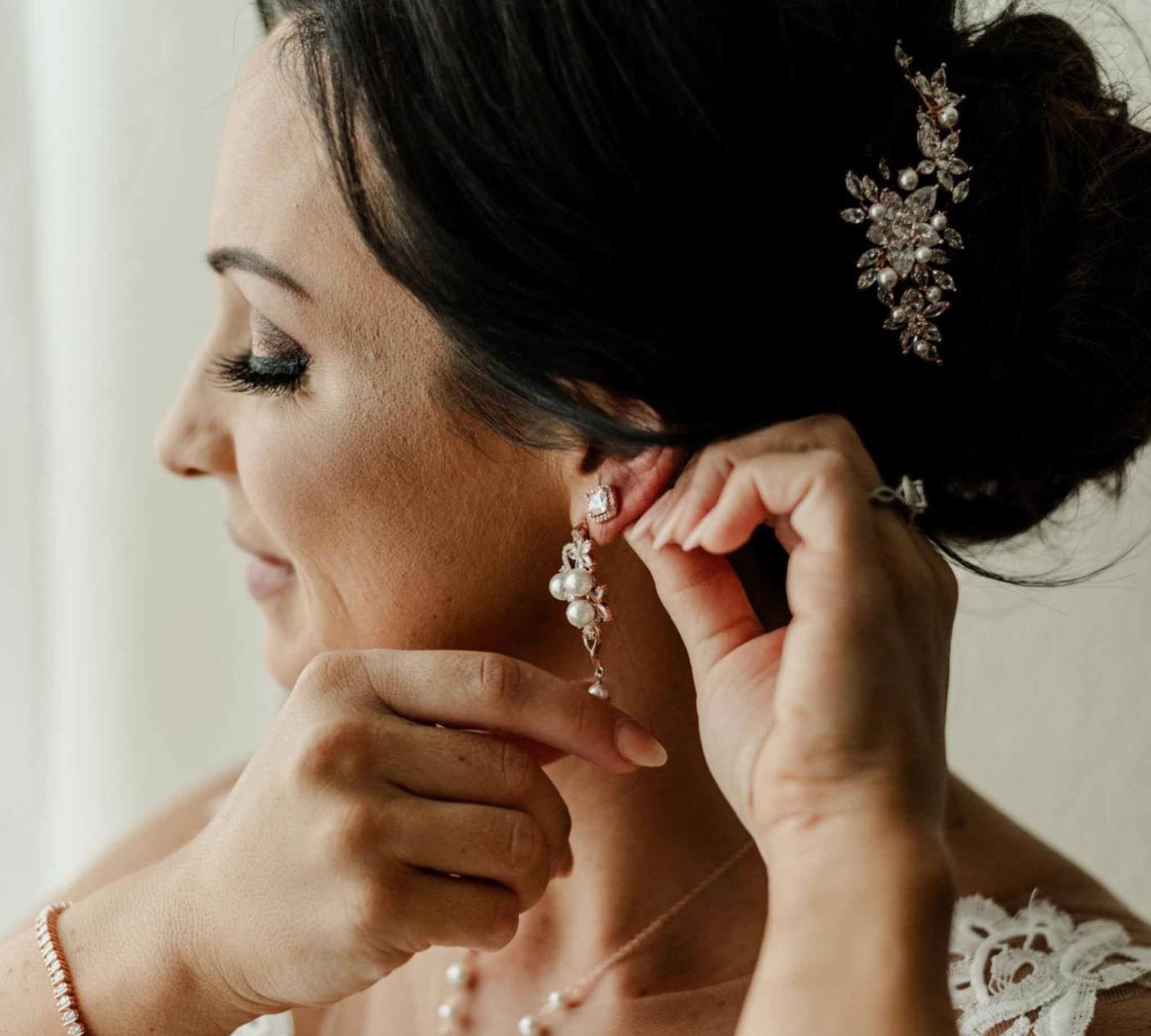 Long Rose gold Pearl drop Bridal earrings - MIA - Treasures by Agnes
