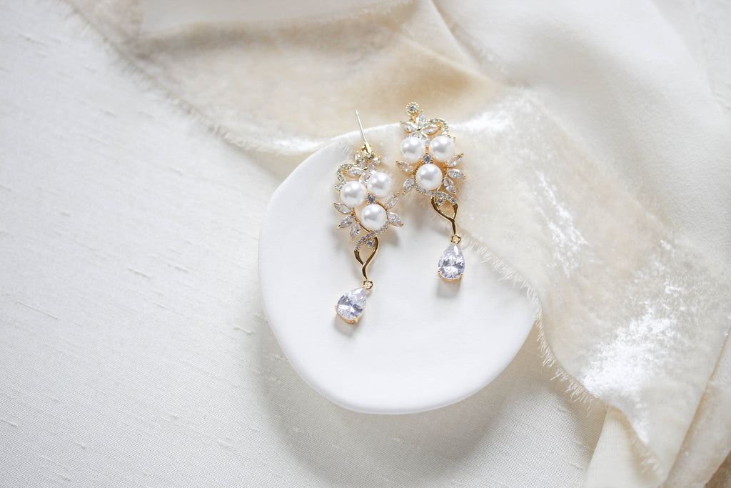 Long Rose gold Pearl drop Bridal earrings - MIA - Treasures by Agnes