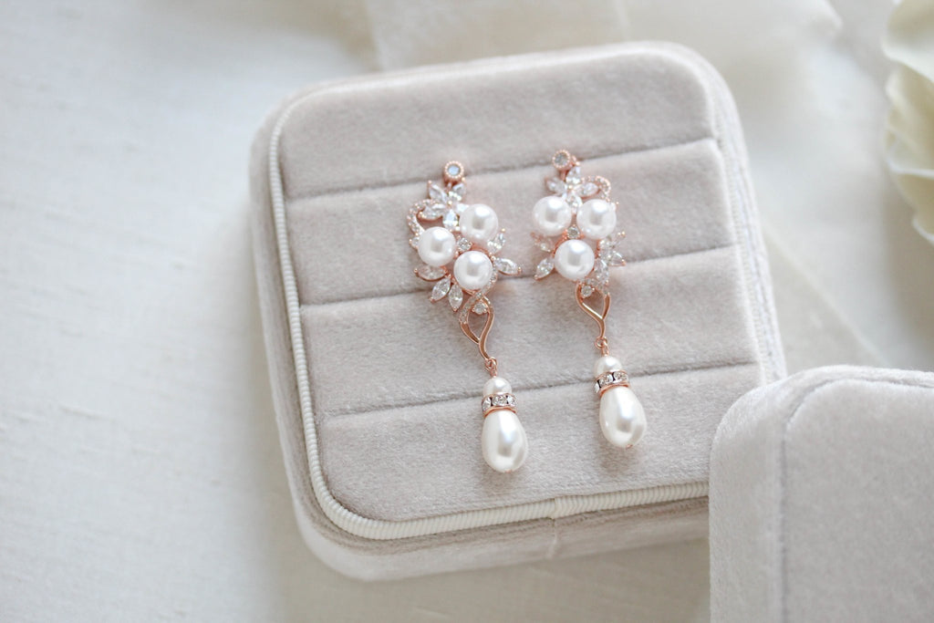 Long Rose gold Pearl drop Bridal earrings - MIA - Treasures by Agnes