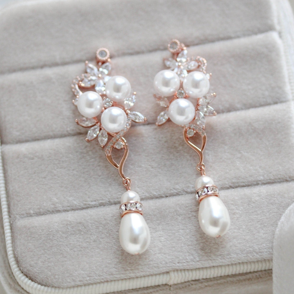 Long Rose gold Pearl drop Bridal earrings - MIA - Treasures by Agnes