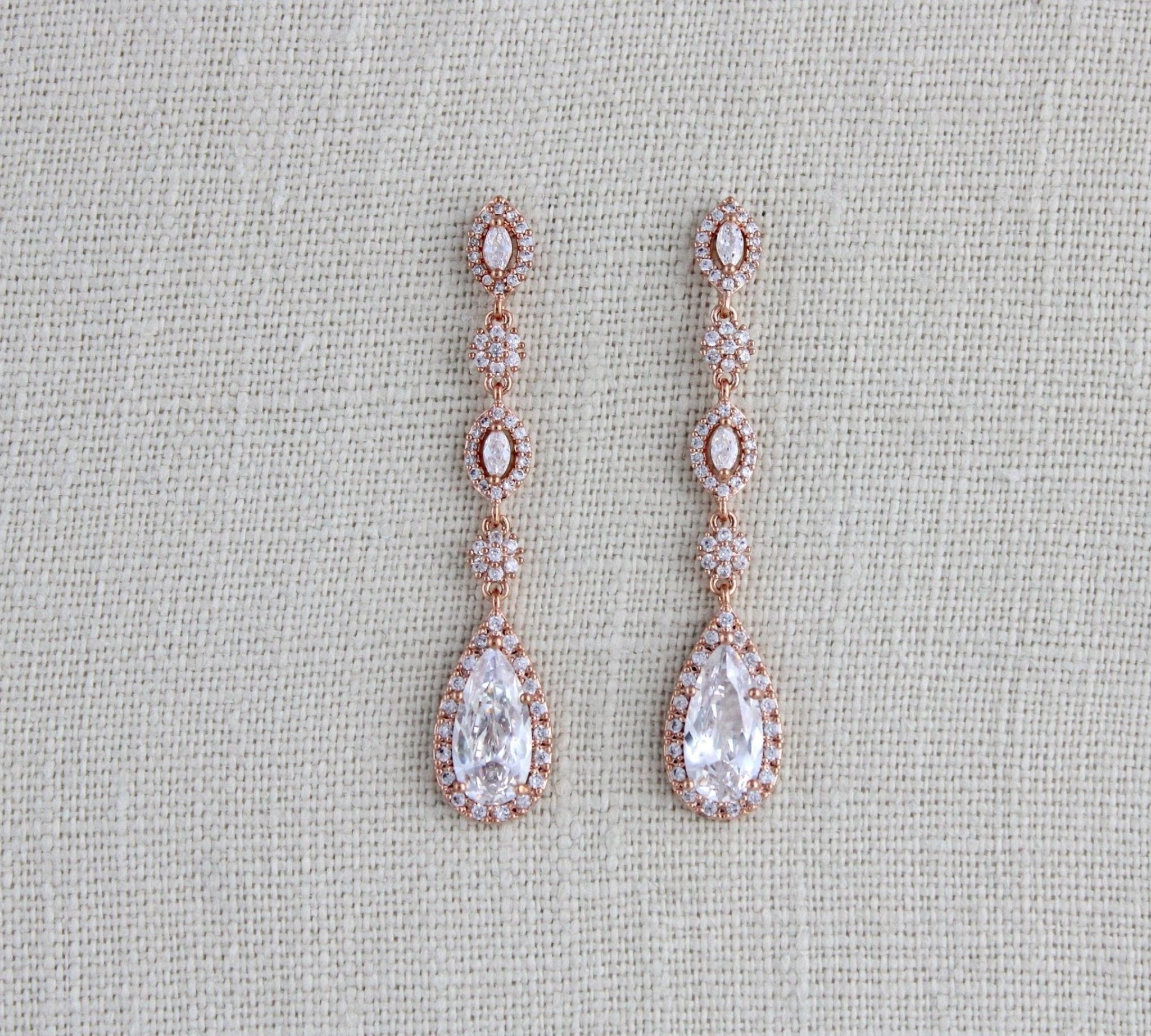 Long Rose gold teardrop Bridal earrings - BIJOU - Treasures by Agnes