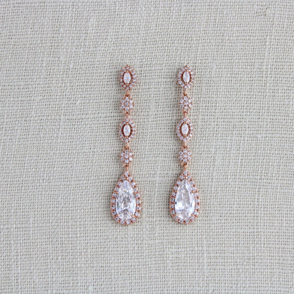 Long Rose gold teardrop Bridal earrings - BIJOU - Treasures by Agnes