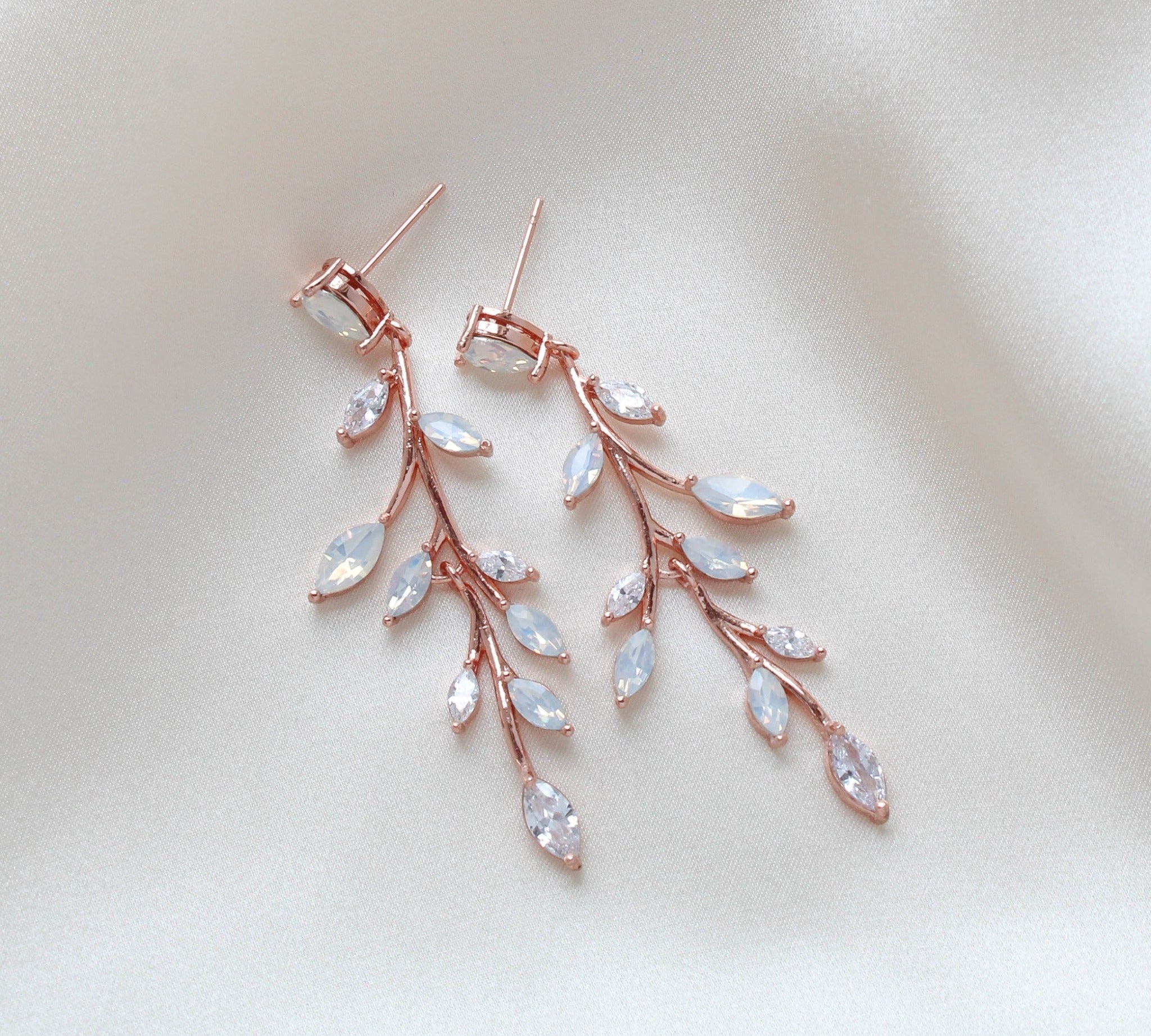 Long rose gold vine earrings with white opal crystals - APRILLE - Treasures by Agnes