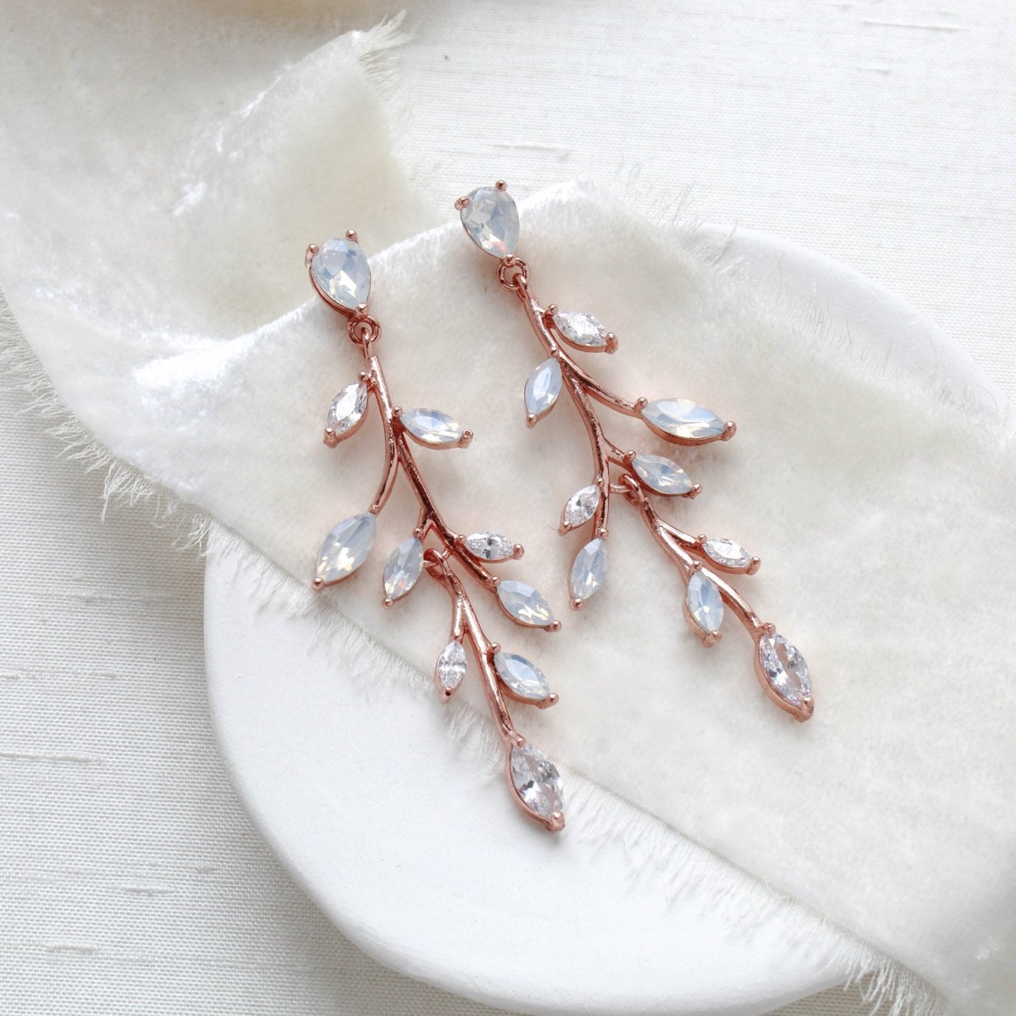 Long rose gold vine earrings with white opal crystals - APRILLE - Treasures by Agnes