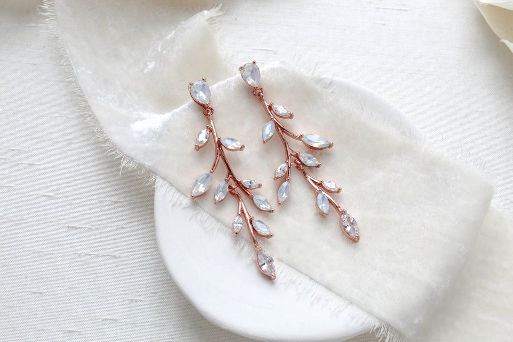 Long rose gold vine earrings with white opal crystals - APRILLE - Treasures by Agnes