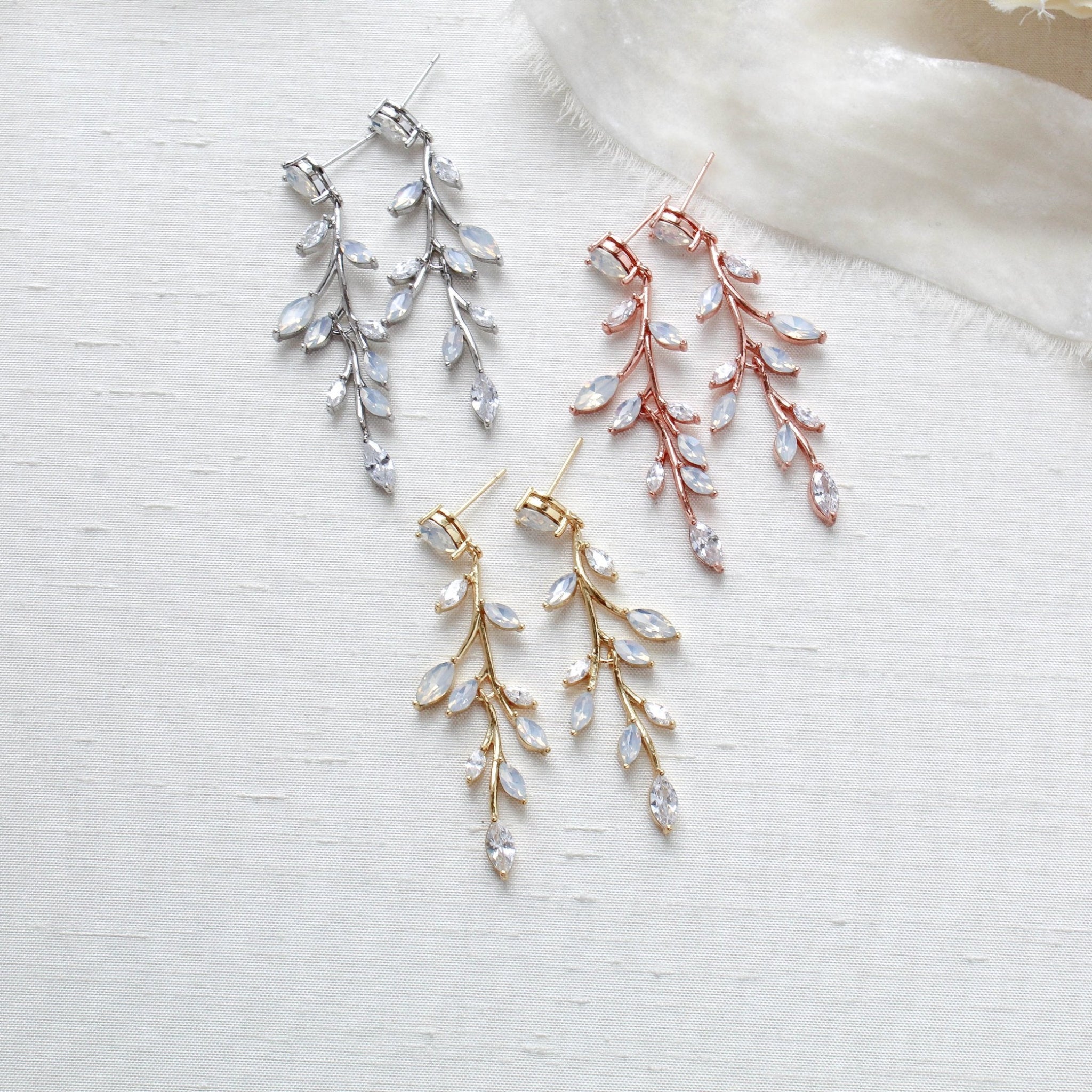 Long rose gold vine earrings with white opal crystals - APRILLE - Treasures by Agnes
