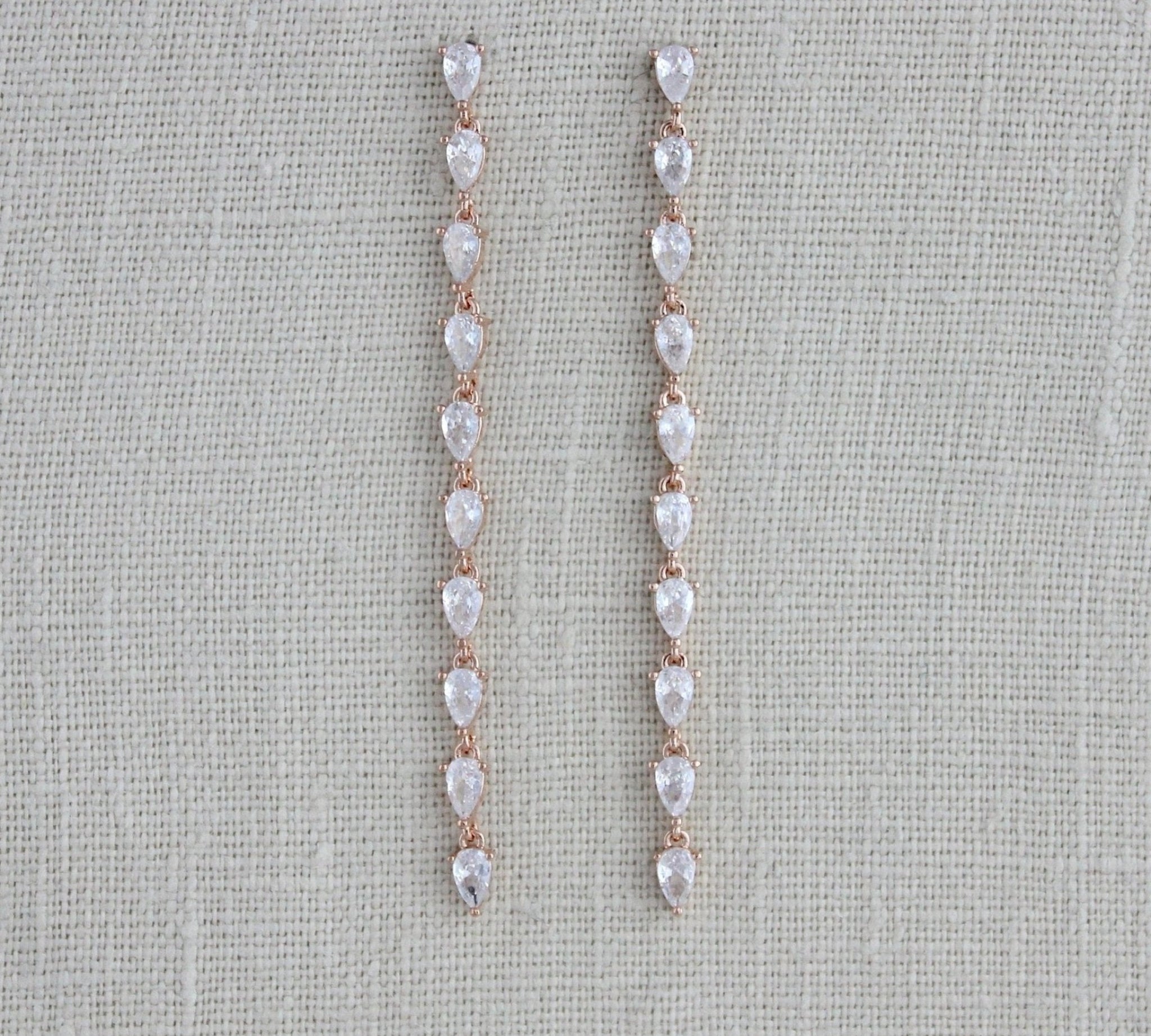 Long Thin Rose gold CZ wedding earrings - Treasures by Agnes