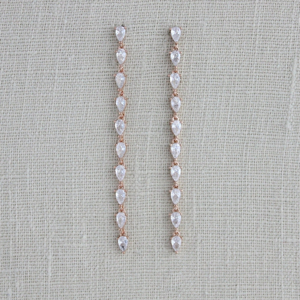 Long Thin Rose gold CZ wedding earrings - Treasures by Agnes