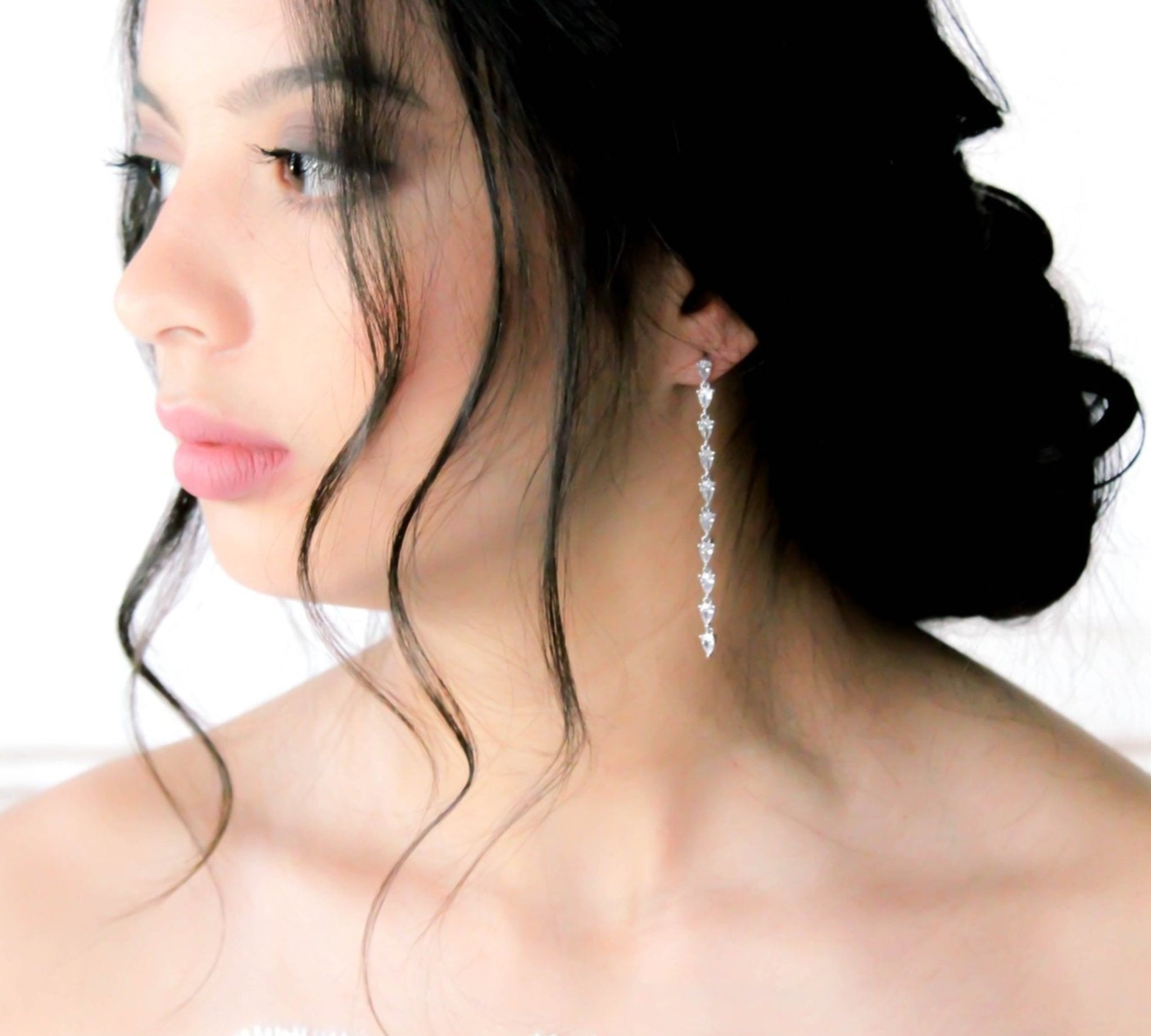 Long Thin Rose gold CZ wedding earrings - Treasures by Agnes