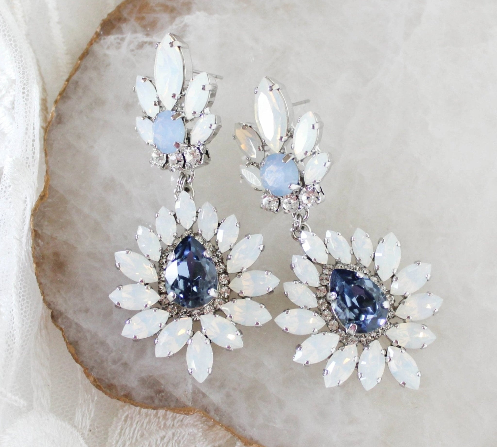 Navy Blue and White opal Crystal Bridal earrings - ADALINE - Treasures by Agnes