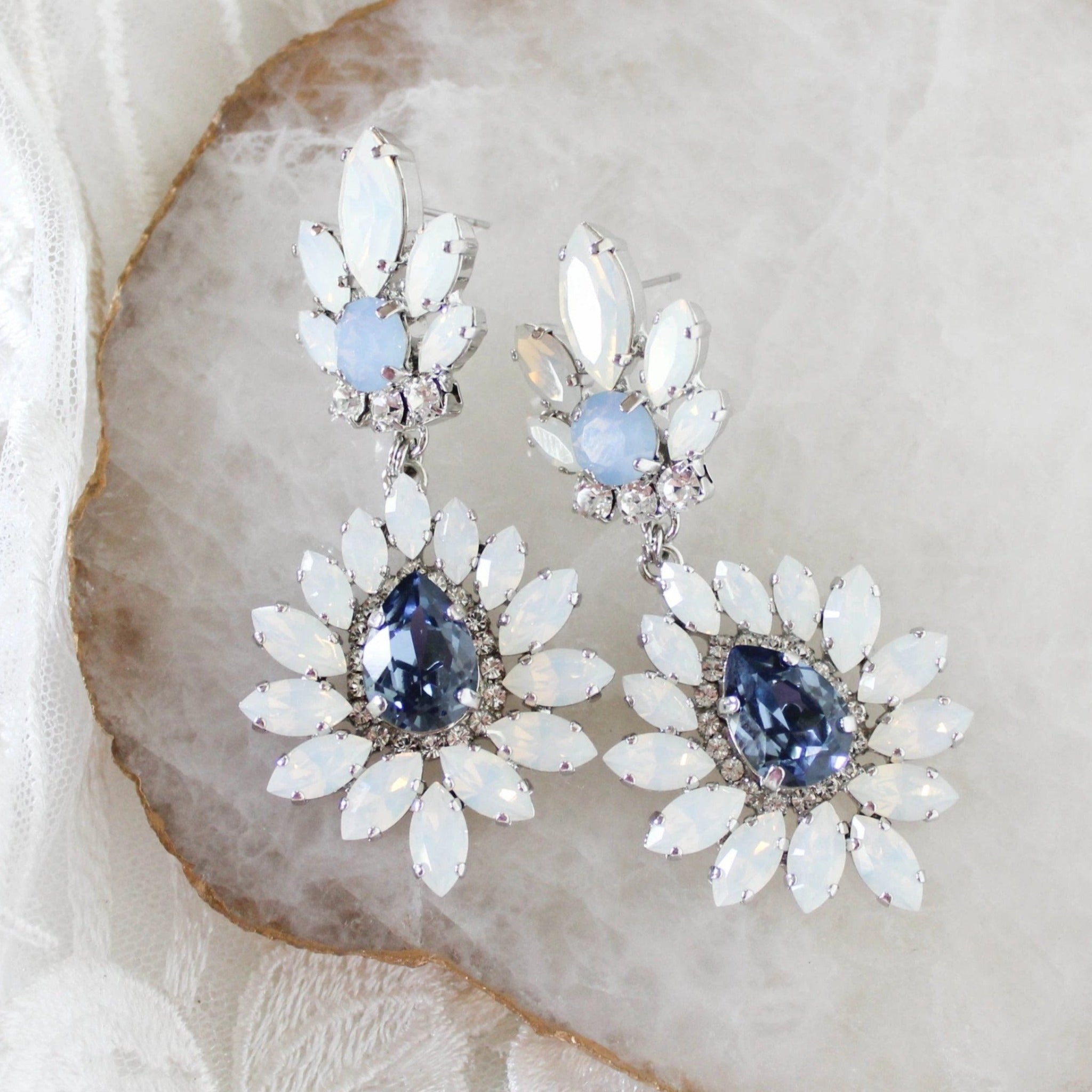 Navy Blue and White opal Crystal Bridal earrings - ADALINE - Treasures by Agnes