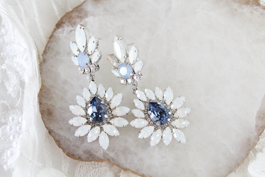 Navy Blue and White opal Crystal Bridal earrings - ADALINE - Treasures by Agnes